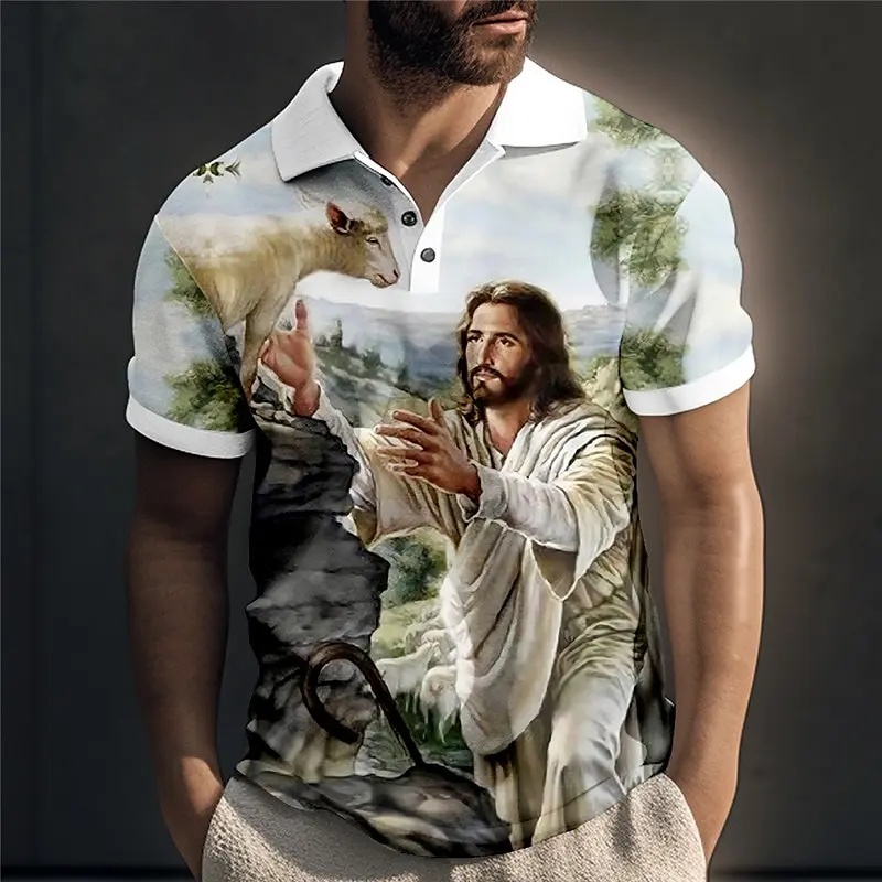 Retro Men's Polo Shirt Jesus Print Short Sleeve Button Up T-Shirt For Men Oversized Golf Sports Shirt Casual Male Clothing 2024