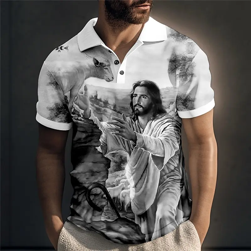Retro Men's Polo Shirt Jesus Print Short Sleeve Button Up T-Shirt For Men Oversized Golf Sports Shirt Casual Male Clothing 2024