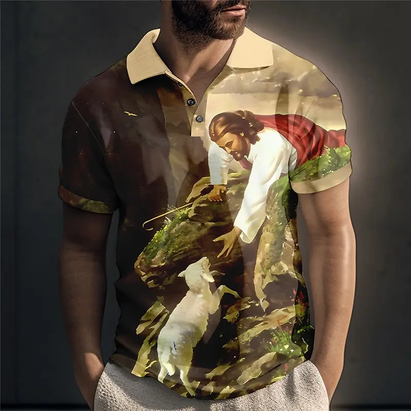 Retro Men's Polo Shirt Jesus Print Short Sleeve Button Up T-Shirt For Men Oversized Golf Sports Shirt Casual Male Clothing 2024