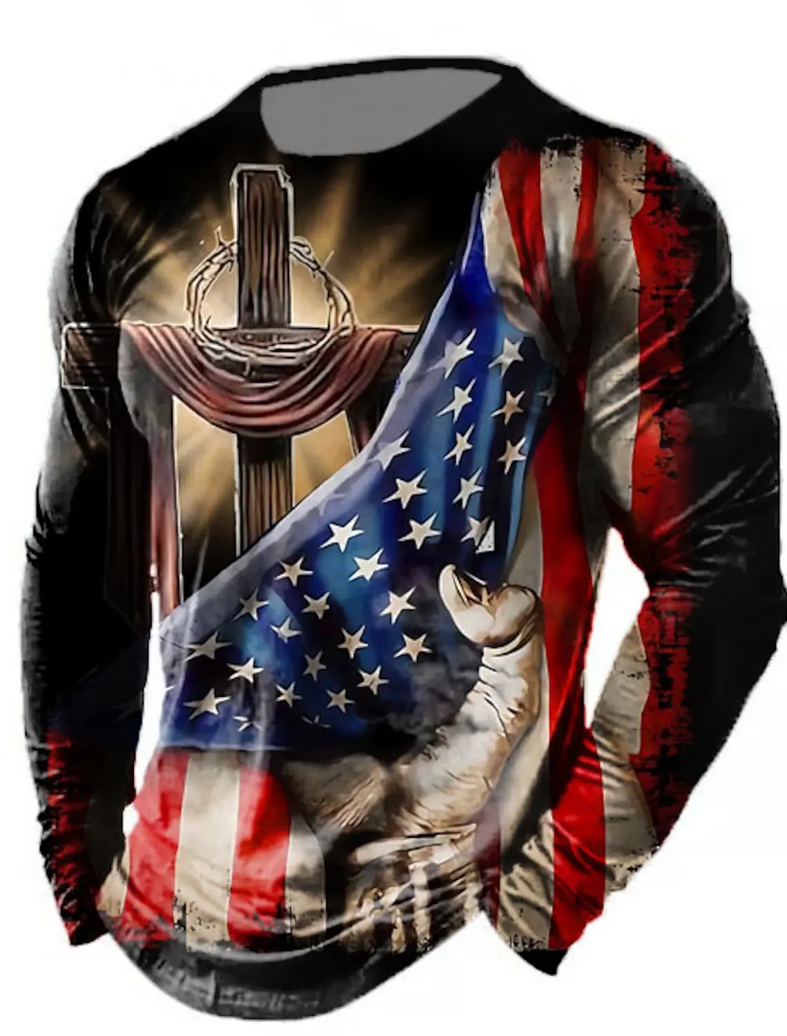 Men's Tshirt Tee Distressed Graphic Prints American Flag National Flag Crew Neck Outdoor Street Long Sleeve Print Clothing
