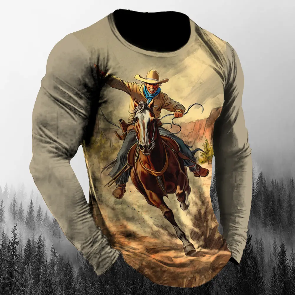 Vintage Westside Cowboy Print Autumn Men's O-Neck T-shirt Casual Long Sleeve Oversized T Shirts Fashion Tops Trend Men Clothing