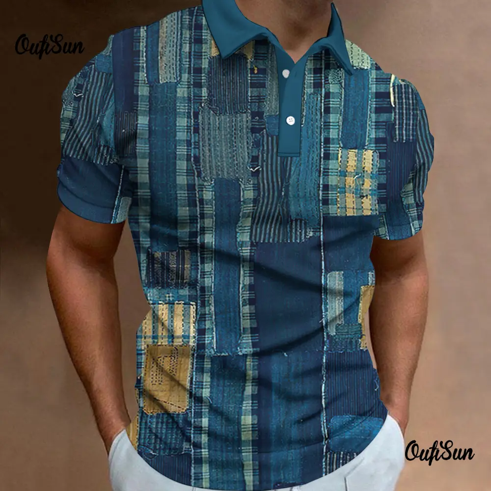Funny Polo T-Shirts For Men 3d Rag Patchwork Print Retro Men's Clothing Street Designer Short Sleeved Loose Oversized Tops Tees