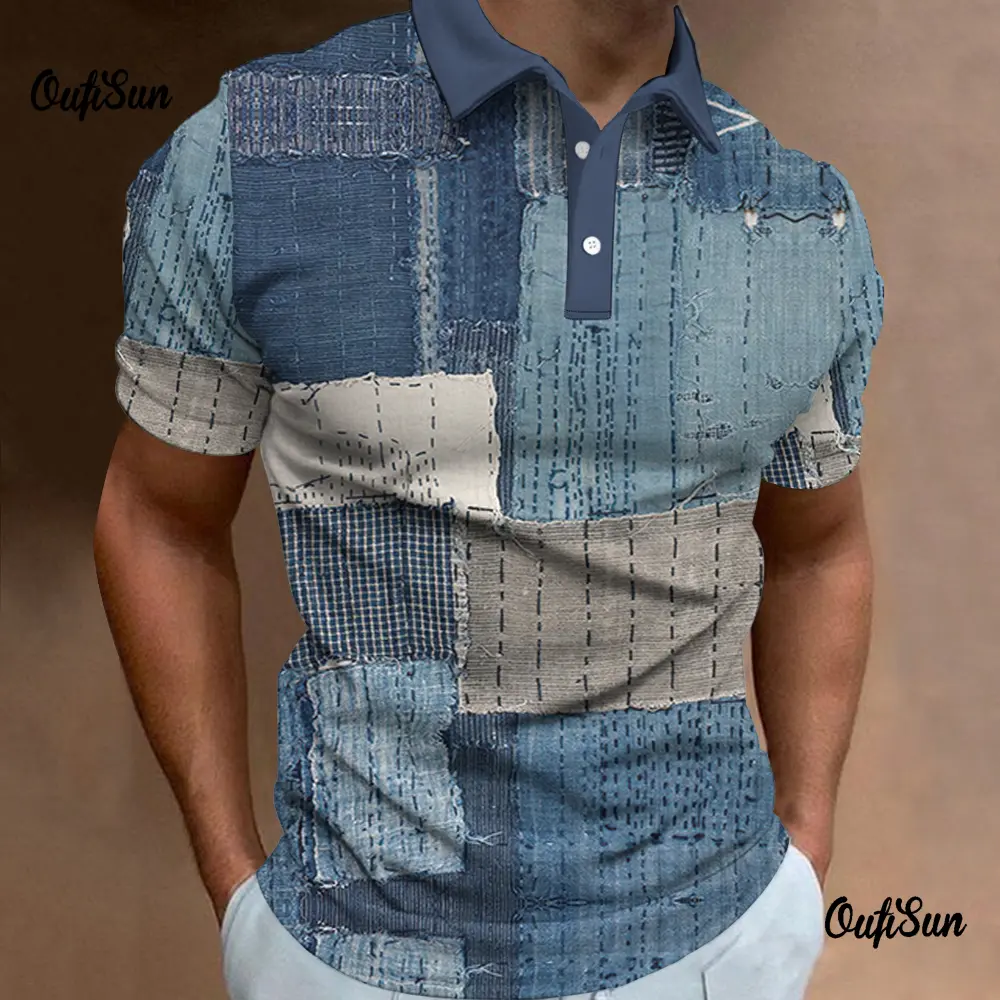 Funny Polo T-Shirts For Men 3d Rag Patchwork Print Retro Men's Clothing Street Designer Short Sleeved Loose Oversized Tops Tees