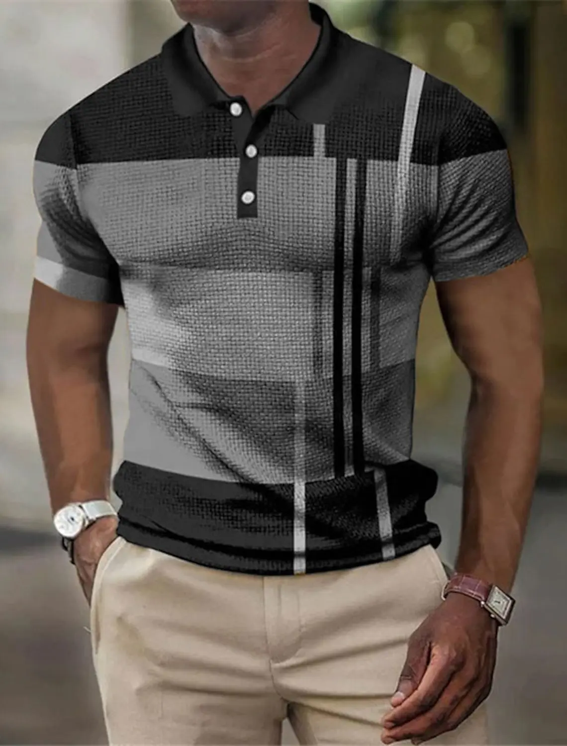 Polo Shirt Men's Striped Graphic Print Geometric Cuff 3D Print Outdoor Street Short Sleeve Printed Button Clothing Fashionable