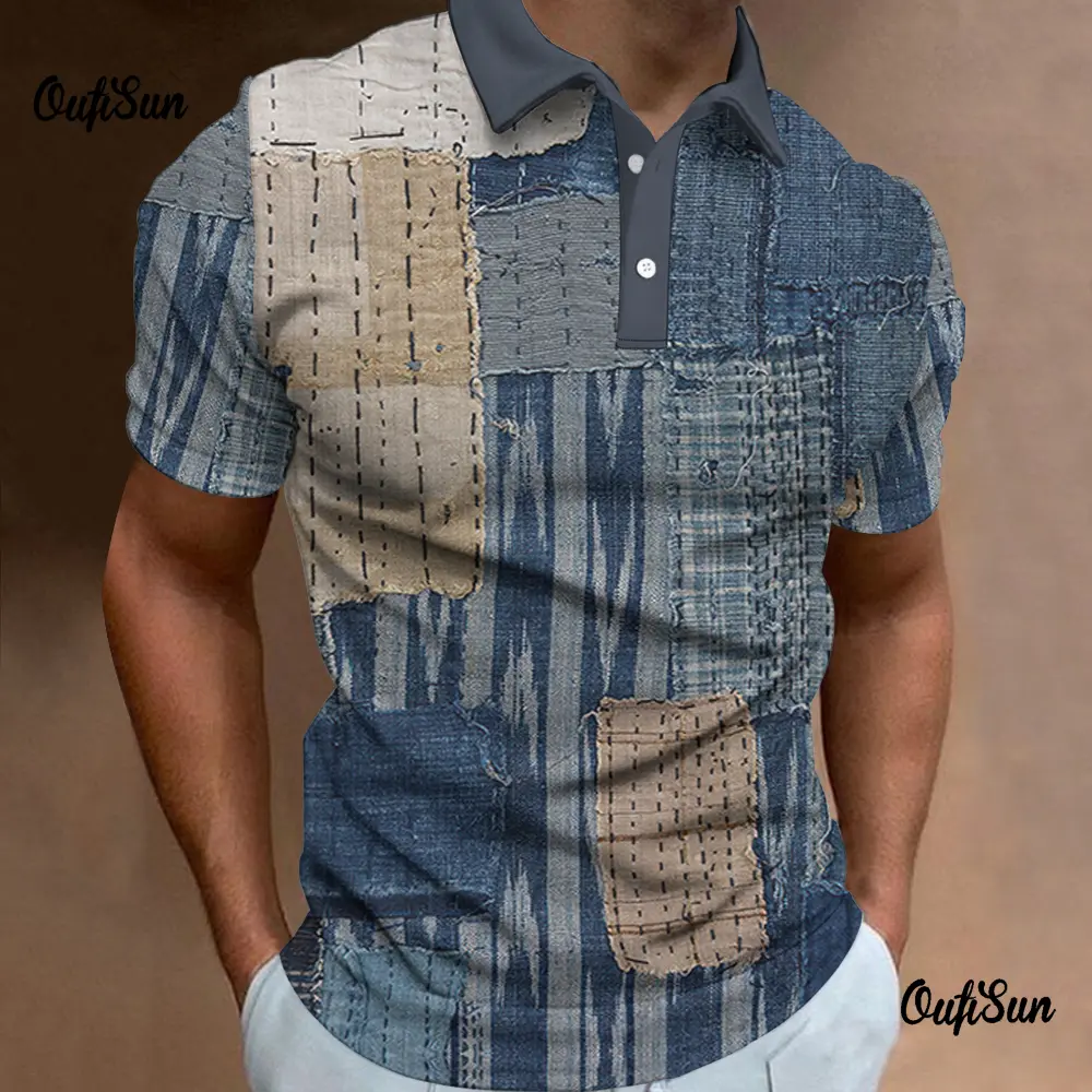 Funny Polo T-Shirts For Men 3d Rag Patchwork Print Retro Men's Clothing Street Designer Short Sleeved Loose Oversized Tops Tees