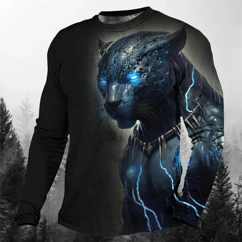 Personalized trendy men's round neck long sleeve 3D lightning animal cheetah pattern printed men T-shirt tops daily long sleeve
