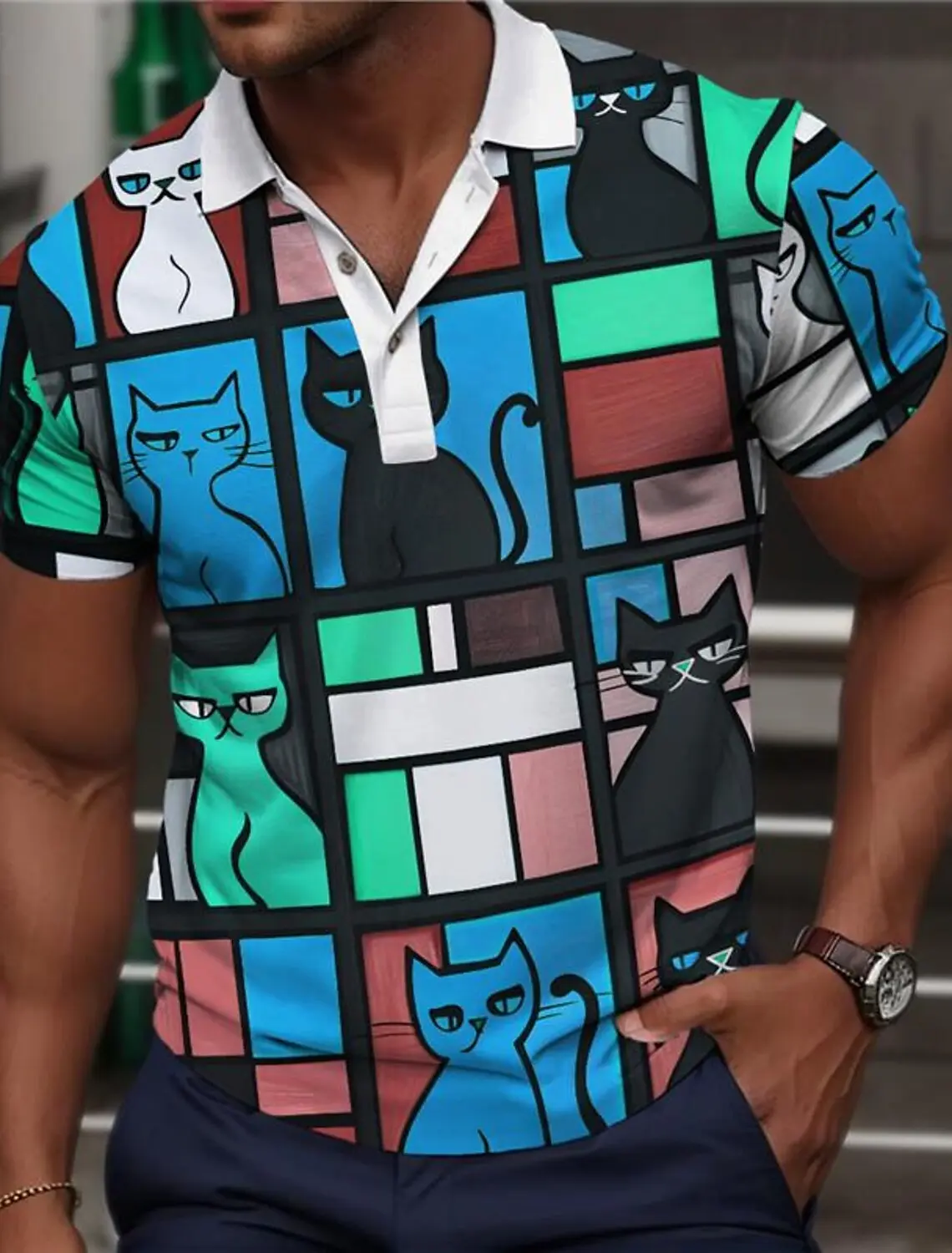 Color Block Cat Men's Fashion Casual 3D Print Polo Shirt Golf Polo Shirt Short Sleeve Turndown Polo Shirts Summer Lapel Polo
