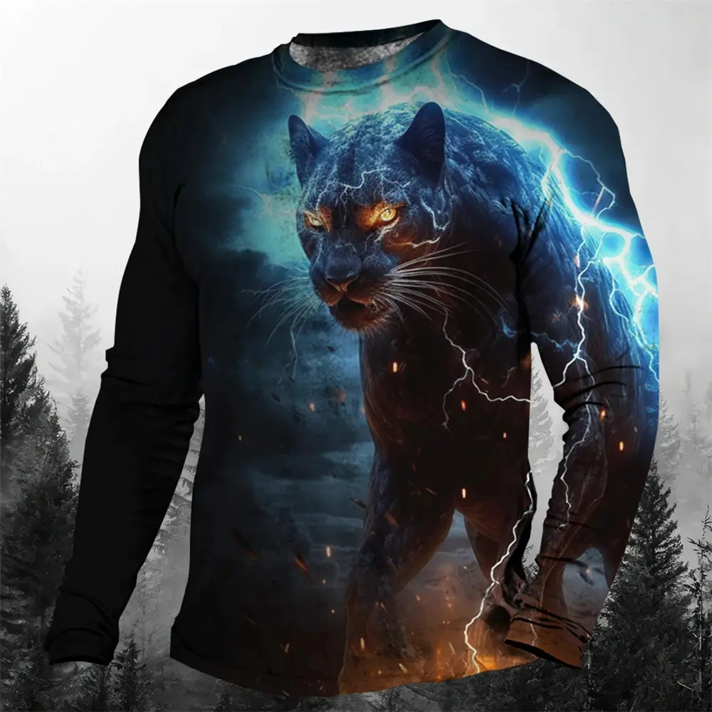 Personalized trendy men's round neck long sleeve 3D lightning animal cheetah pattern printed men T-shirt tops daily long sleeve