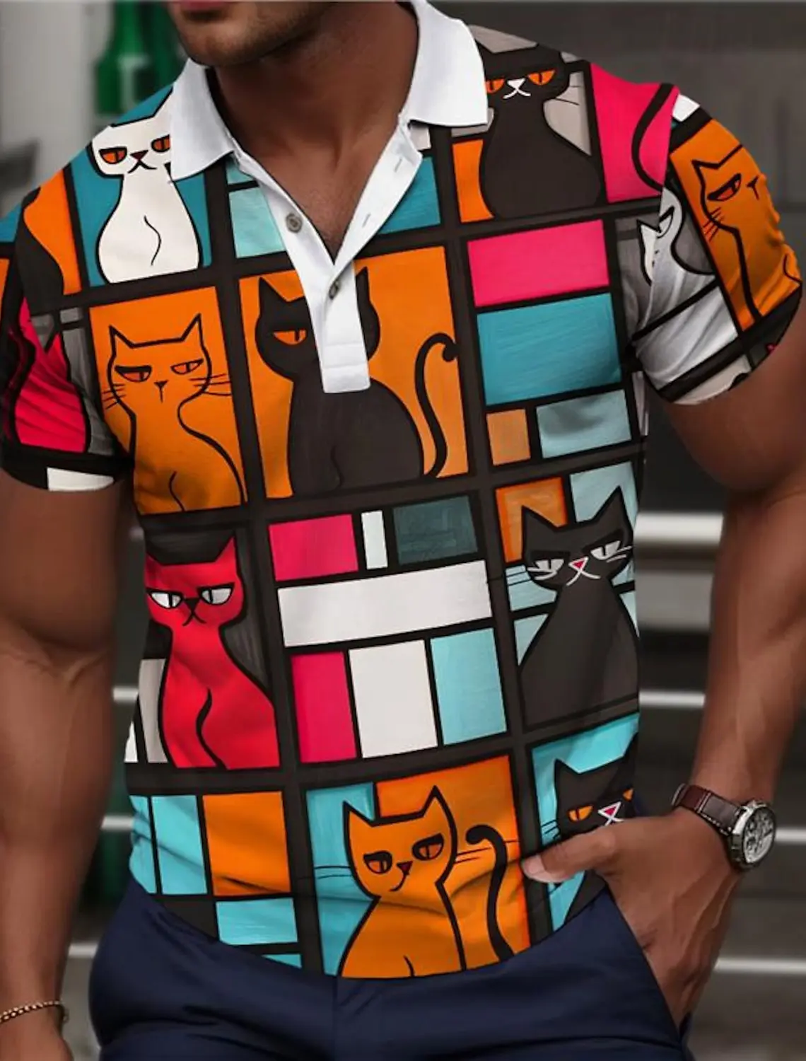 Color Block Cat Men's Fashion Casual 3D Print Polo Shirt Golf Polo Shirt Short Sleeve Turndown Polo Shirts Summer Lapel Polo
