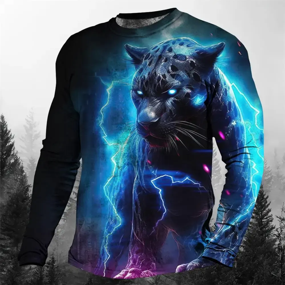 Personalized trendy men's round neck long sleeve 3D lightning animal cheetah pattern printed men T-shirt tops daily long sleeve