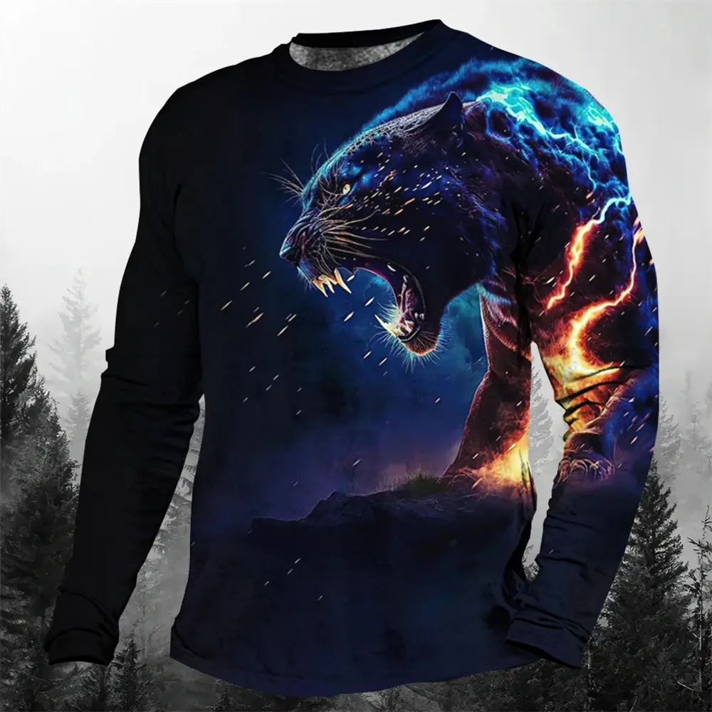 Personalized trendy men's round neck long sleeve 3D lightning animal cheetah pattern printed men T-shirt tops daily long sleeve