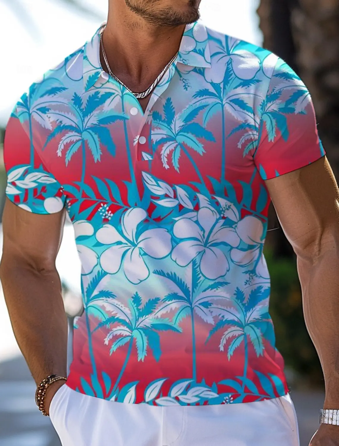 Summer Tropical Tropical Flowers Men's Casual 3D Print Golf Polo Polyester Short Sleeve Tee Turndown Micro-elastic Lapel Polo