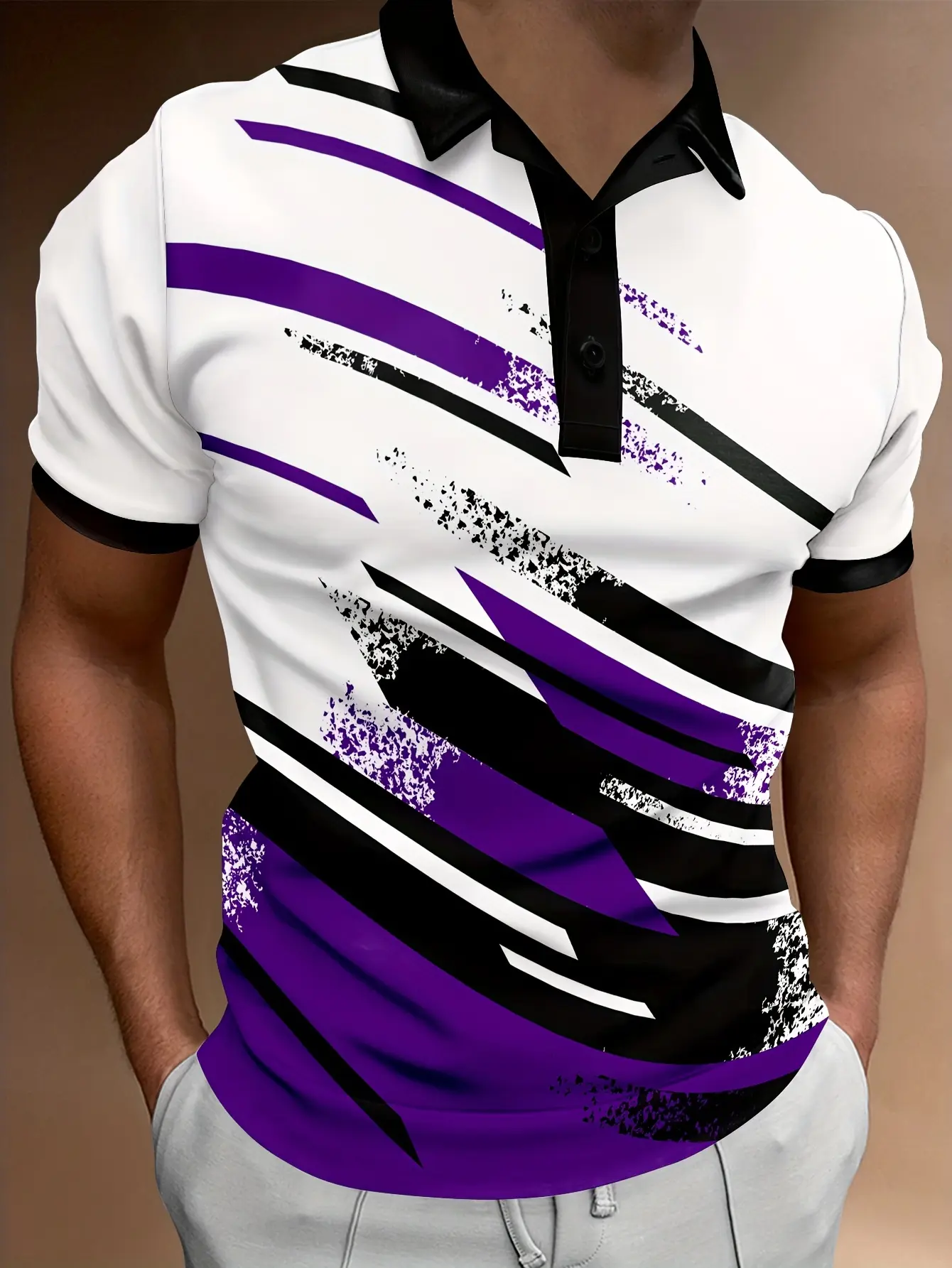Men'S Summer Fashion Polo Shirt, Casual Geometric Stripe Pattern, Short Sleeve,Knit Polyester Fabric,Button Placket,
