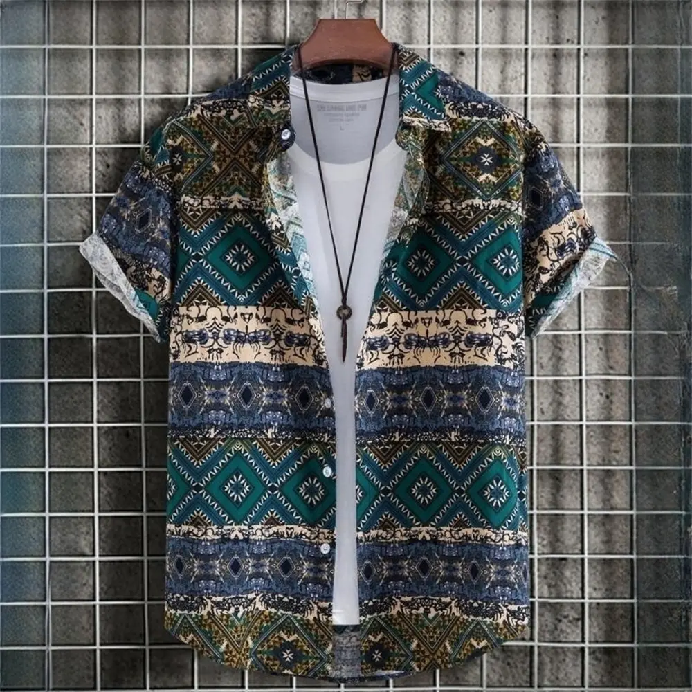 3D Printed Ethnic Men's Hawaiian Shirts Vintage Button Short Sleeve Lapel Retro Streetwear Hawaiian Blouse shirts for men Summer