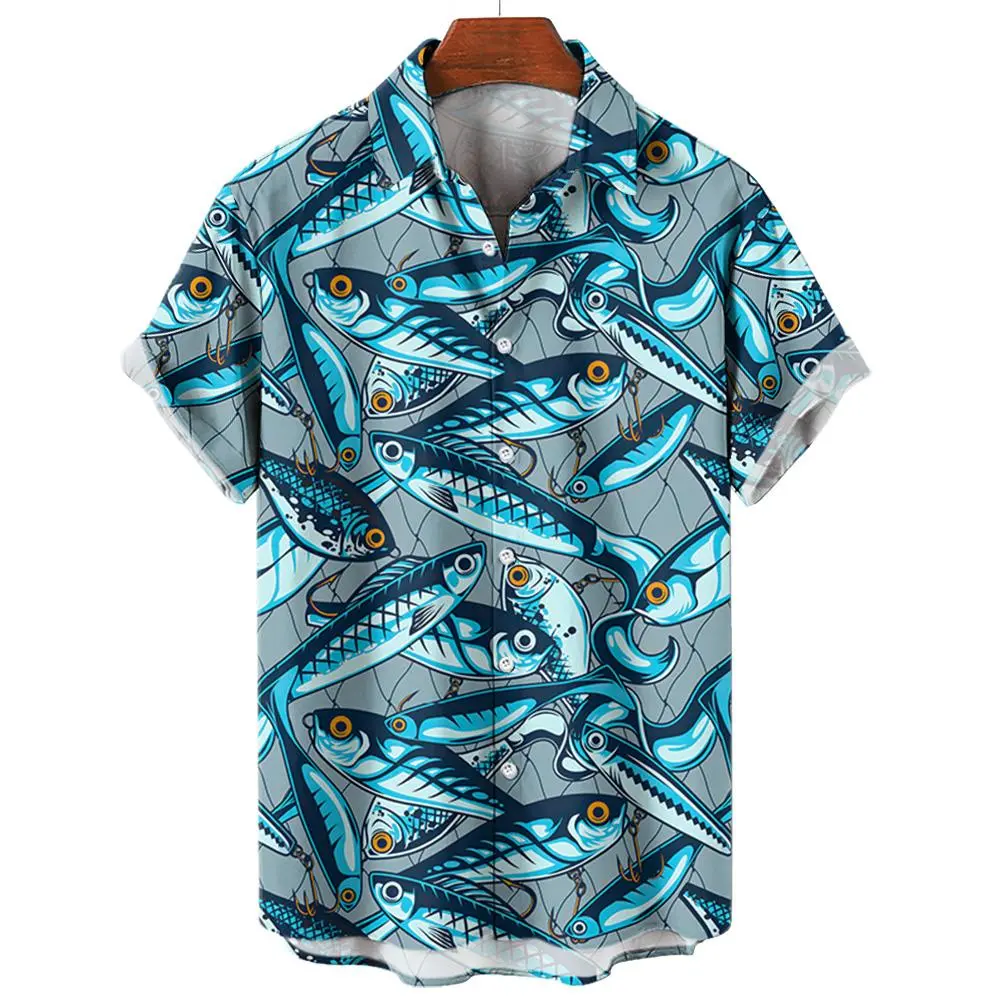 Men's Hawaiian Shirts 3D Print Fish Graphics Fashion Button Short Sleeve Lapel Streetwear Hawaiian Blouse shirts for men Summer