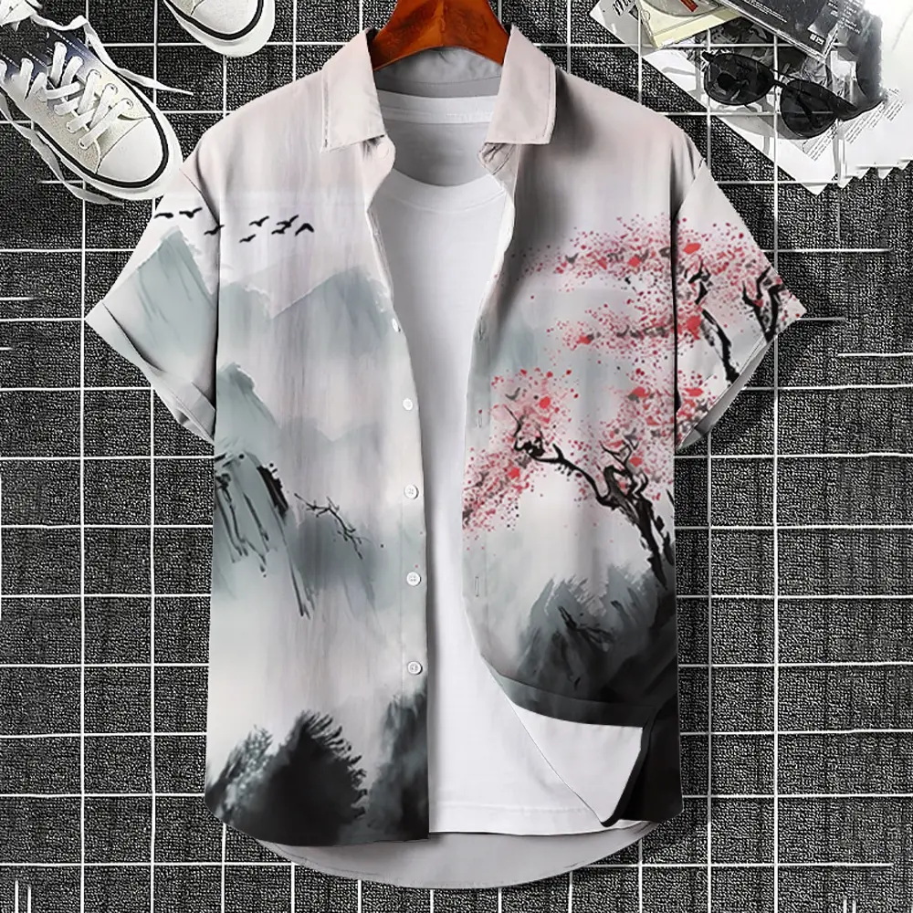 Men's Hawaiian Shirts 3D Print Chinese Painting Style Graphics Fashion Button Short Sleeve Lapel Streetwear Classic shirt Summer