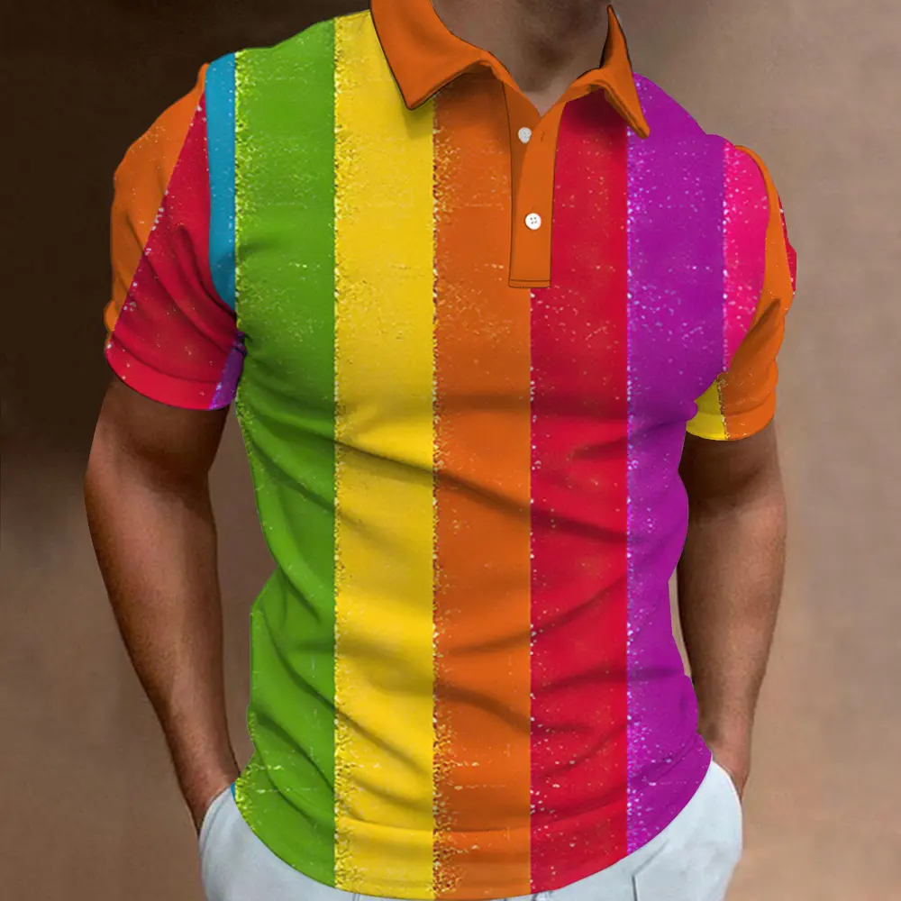 New Men'S Polo Shirt 3d Rainbow Printed Men Clothing Summer Casual Short Sleeved Loose Oversized Shirt Street Fashion Tops Tees