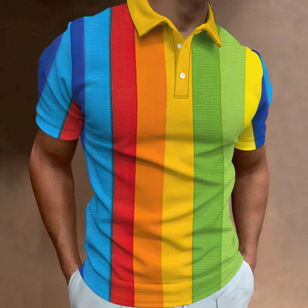 New Men'S Polo Shirt 3d Rainbow Printed Men Clothing Summer Casual Short Sleeved Loose Oversized Shirt Street Fashion Tops Tees
