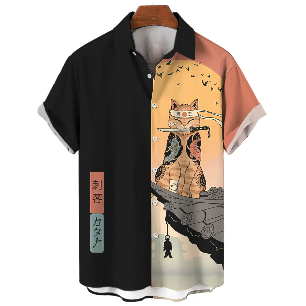 Japanese Cat Warrior Graphics Men's Shirts Fashion Button Short Sleeve Lapel Streetwear Hawaiian Blouse shirts for men Summer