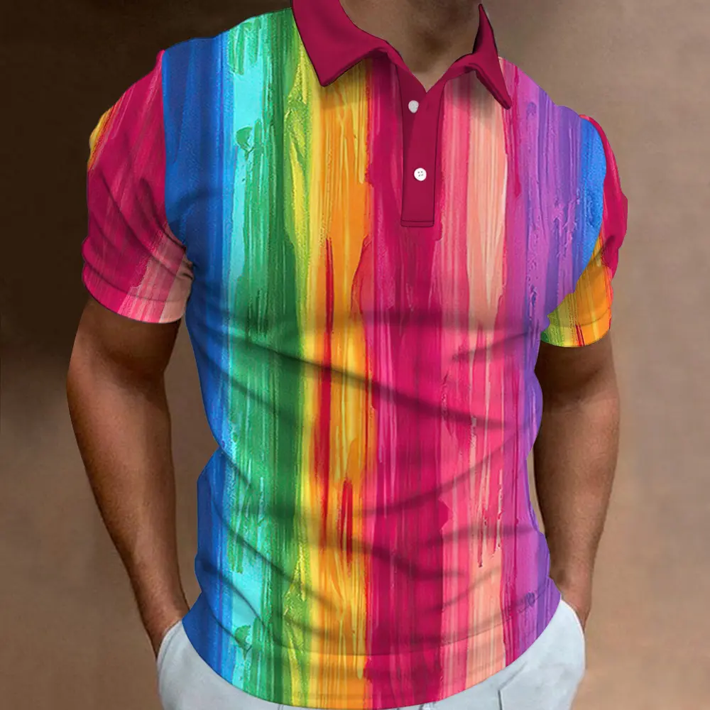 New Men'S Polo Shirt 3d Rainbow Printed Men Clothing Summer Casual Short Sleeved Loose Oversized Shirt Street Fashion Tops Tees