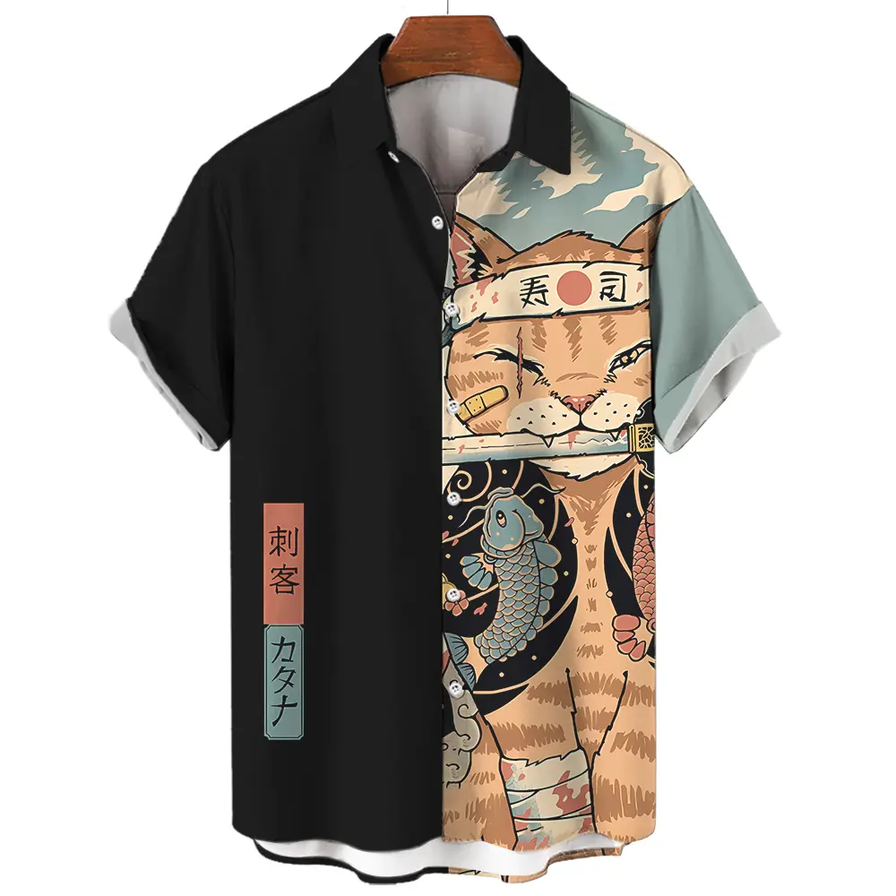 Japanese Cat Warrior Graphics Men's Shirts Fashion Button Short Sleeve Lapel Streetwear Hawaiian Blouse shirts for men Summer