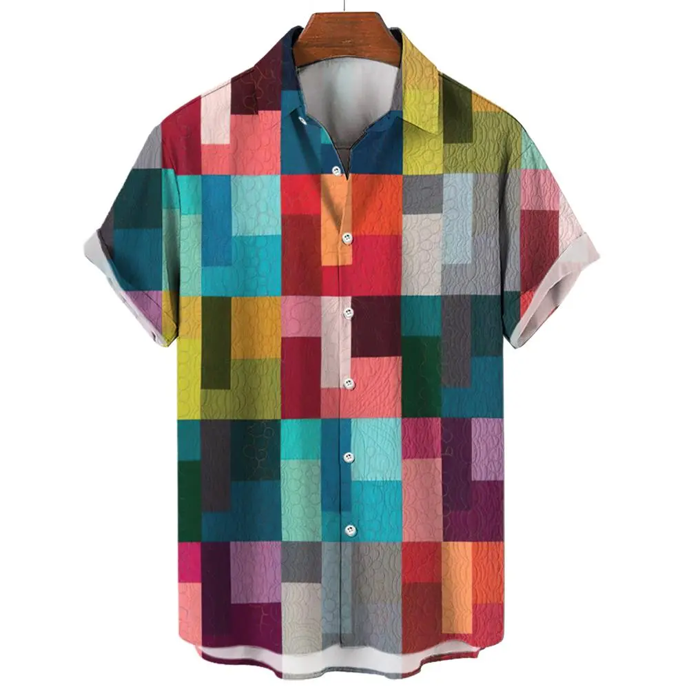 3D Print Color Block Graphics Men's Shirts Fashion Button Short Sleeve Lapel Streetwear Hawaiian Blouse shirts for men Summer