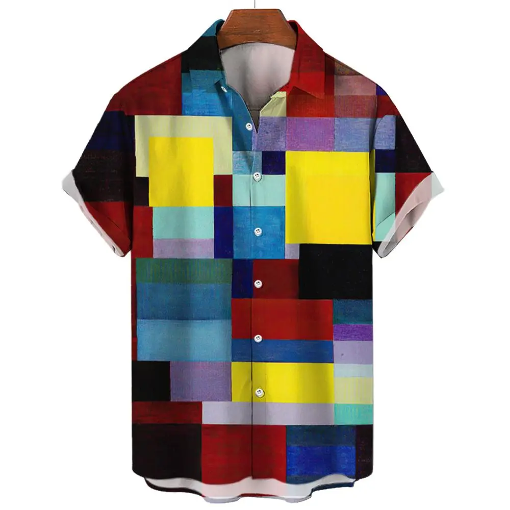 3D Print Color Block Graphics Men's Shirts Fashion Button Short Sleeve Lapel Streetwear Hawaiian Blouse shirts for men Summer