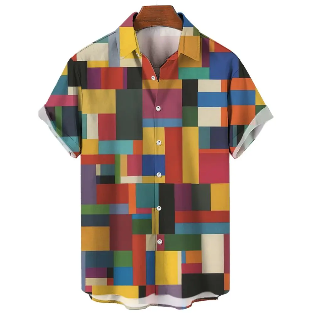 3D Print Color Block Graphics Men's Shirts Fashion Button Short Sleeve Lapel Streetwear Hawaiian Blouse shirts for men Summer
