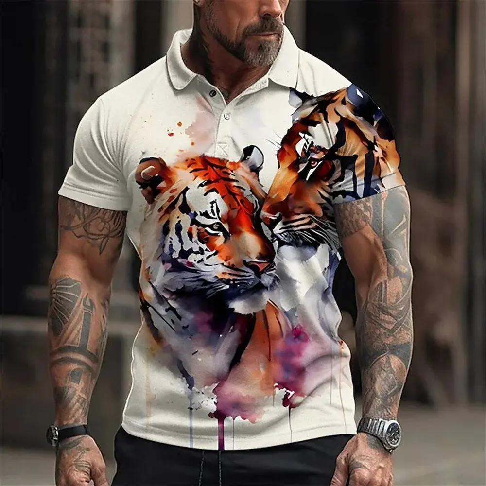Summer Animal Lion Tiger 3D Printed Polo Shirts Men's Fashion Streetwear Button Lapel Short Sleeve Shirt Tees Tops Man Clothing