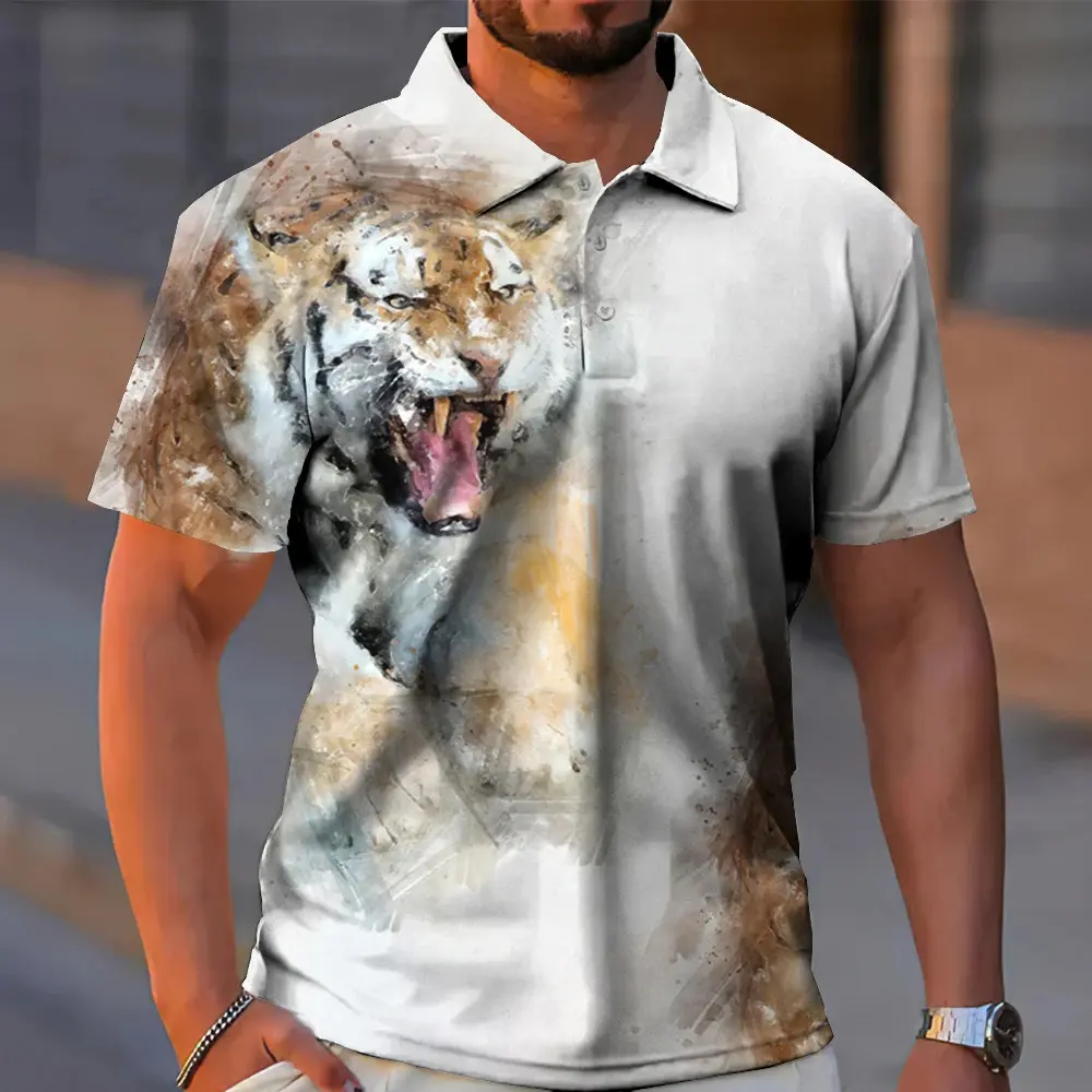 Summer Animal Lion Tiger 3D Printed Polo Shirts Men's Fashion Streetwear Button Lapel Short Sleeve Shirt Tees Tops Man Clothing