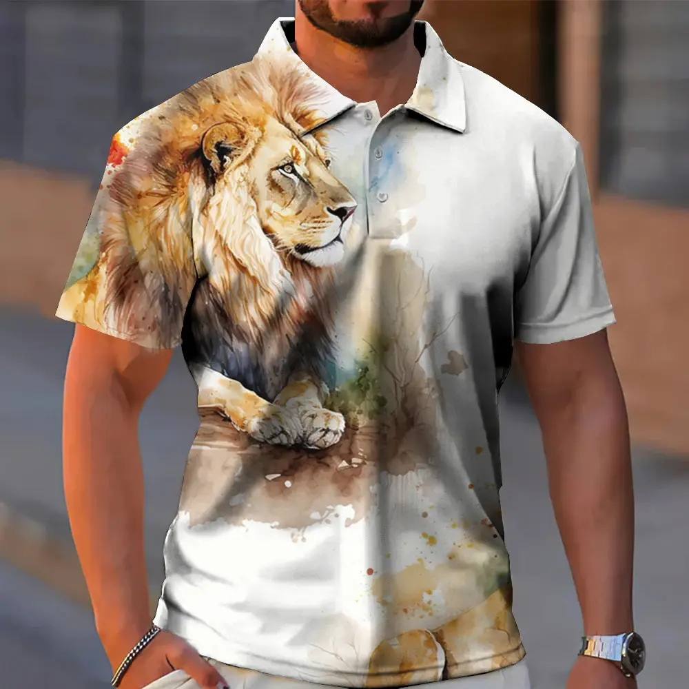 Summer Animal Lion Tiger 3D Printed Polo Shirts Men's Fashion Streetwear Button Lapel Short Sleeve Shirt Tees Tops Man Clothing