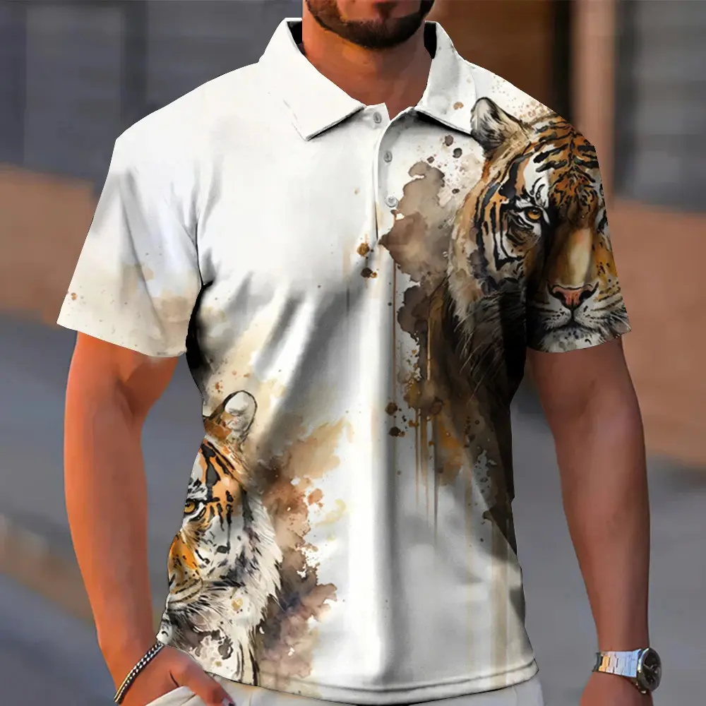Summer Animal Lion Tiger 3D Printed Polo Shirts Men's Fashion Streetwear Button Lapel Short Sleeve Shirt Tees Tops Man Clothing