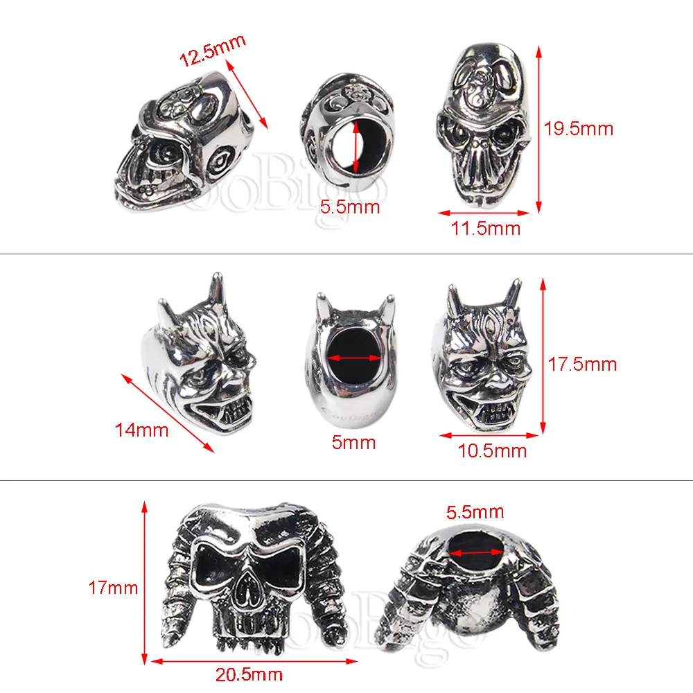6pcs Skull Bead Punk Skeleton Beads Charms DIY Bracelet Necklace Knife Lanyard Paracord Pendant Craft Accessories Metal Silver
