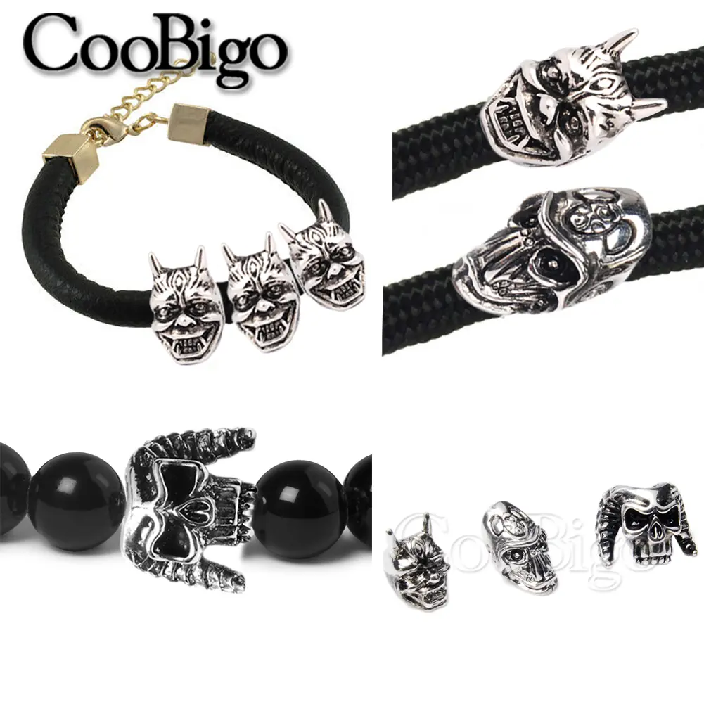 6pcs Skull Bead Punk Skeleton Beads Charms DIY Bracelet Necklace Knife Lanyard Paracord Pendant Craft Accessories Metal Silver