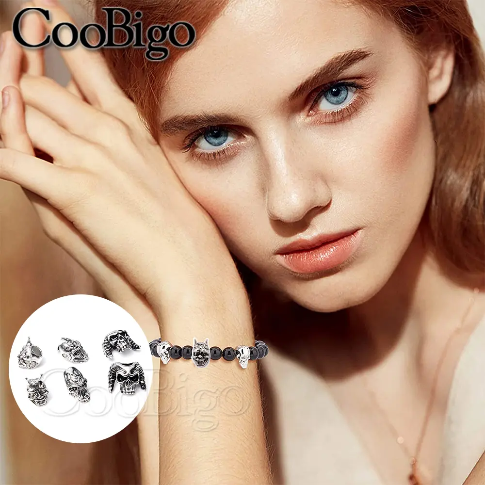 6pcs Skull Bead Punk Skeleton Beads Charms DIY Bracelet Necklace Knife Lanyard Paracord Pendant Craft Accessories Metal Silver
