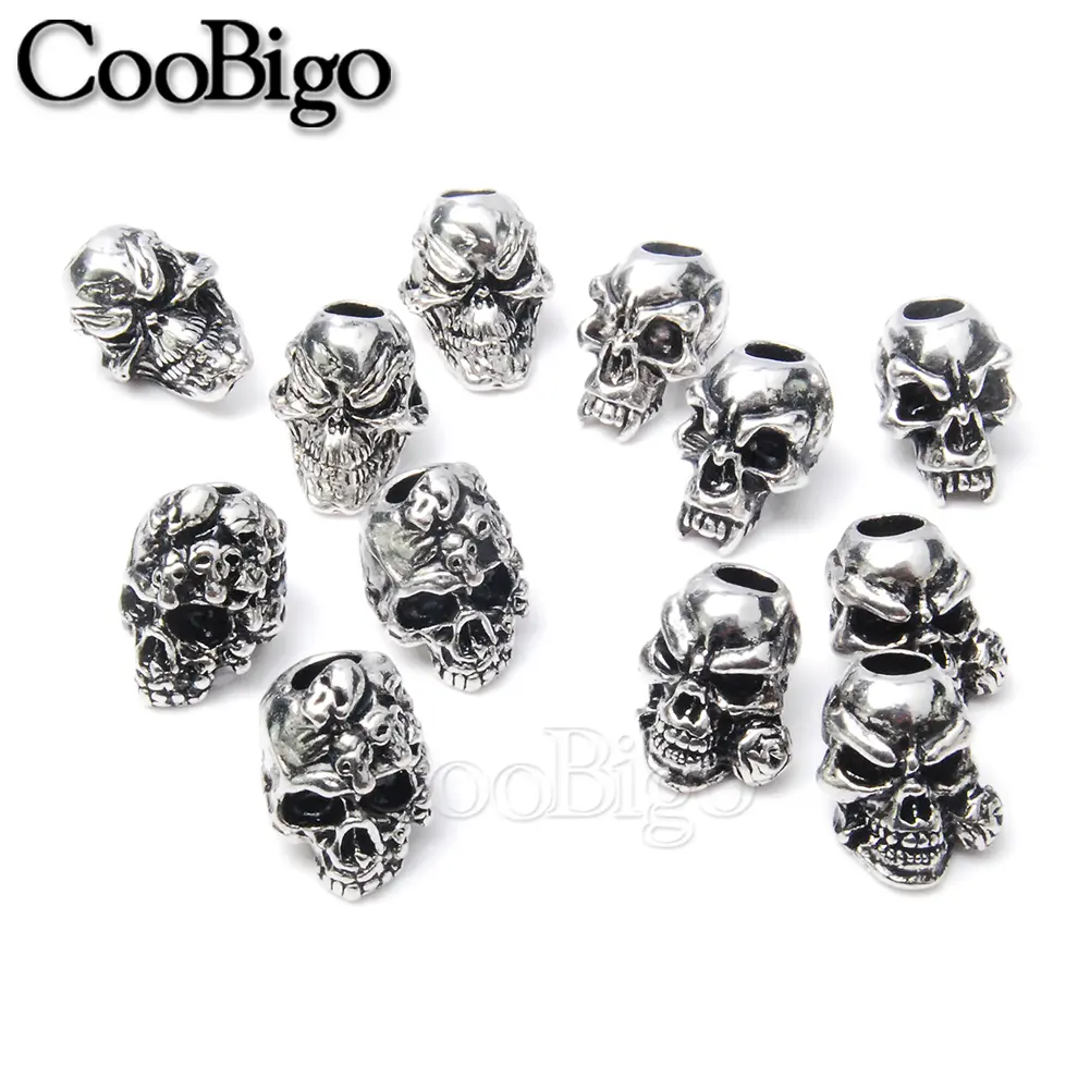 5pcs Metal Skull Bead Paracord Skeleton Beads Punk Charm Bracelet Necklace Knife Lanyard Pendant DIY Craft Accessories Silver