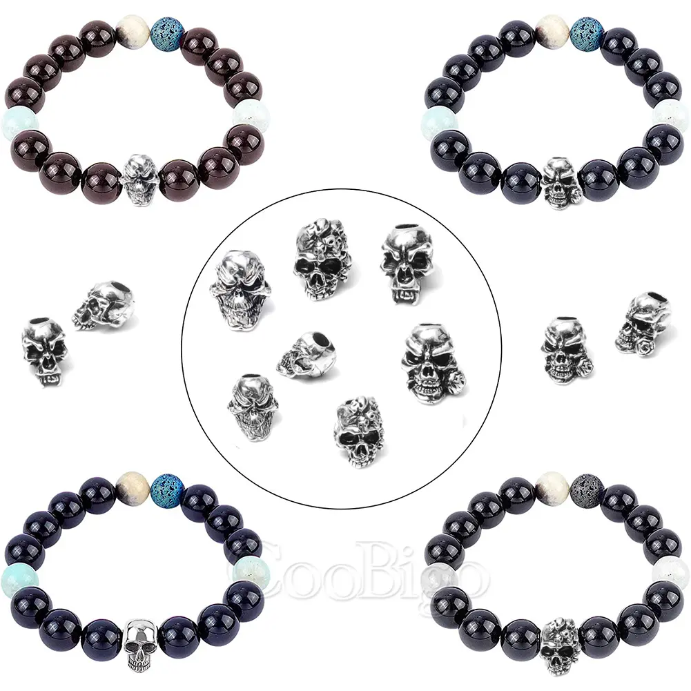 5pcs Metal Skull Bead Paracord Skeleton Beads Punk Charm Bracelet Necklace Knife Lanyard Pendant DIY Craft Accessories Silver