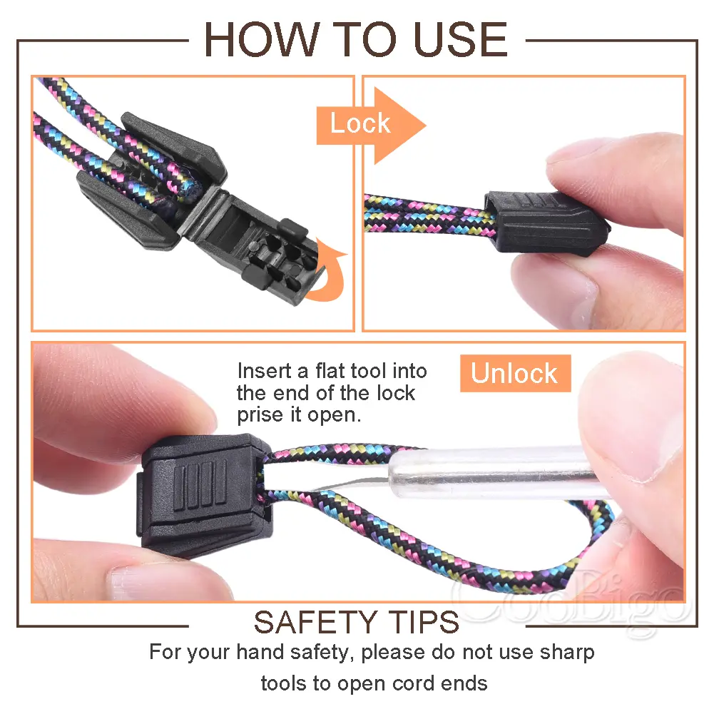 12pcs Cord Ends Rope Clip Zipper Pull Clamp for Paracord Lanyard Outdoor Backpack Shoelace Sportswear DIY Accessories Plastic