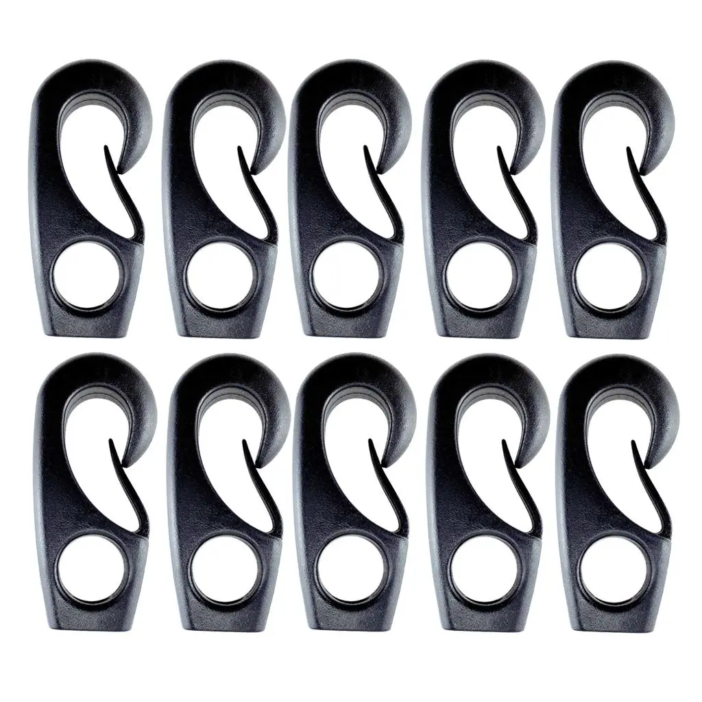 10pcs Black Heavy Duty Reusable Nylon Bungee Hooks with Shock Cord Elastic Boat Marine Rope Hooks for Camping Cargo Truck