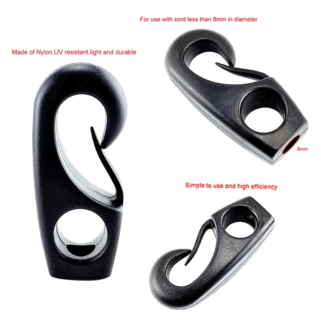 10pcs Black Heavy Duty Reusable Nylon Bungee Hooks with Shock Cord Elastic Boat Marine Rope Hooks for Camping Cargo Truck