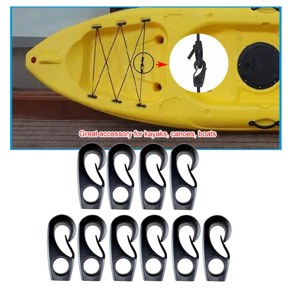 10pcs Black Heavy Duty Reusable Nylon Bungee Hooks with Shock Cord Elastic Boat Marine Rope Hooks for Camping Cargo Truck