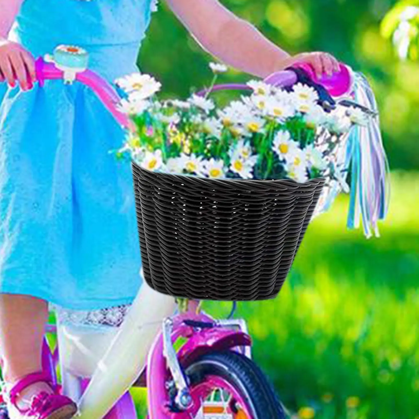 Wicker Kids Bike Basket with Leather Straps Pouch Waterproof Handlebar Basket for Bike Accessory Outdoor Toddlers
