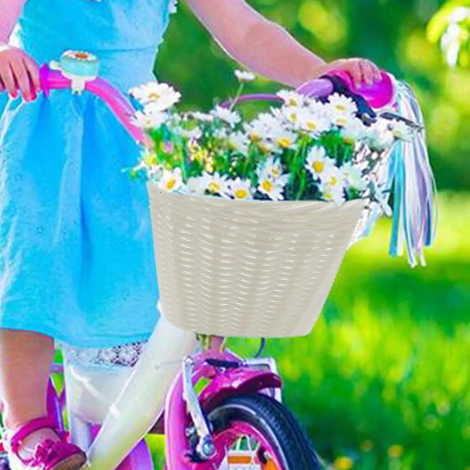 Wicker Kids Bike Basket with Leather Straps Pouch Waterproof Handlebar Basket for Bike Accessory Outdoor Toddlers