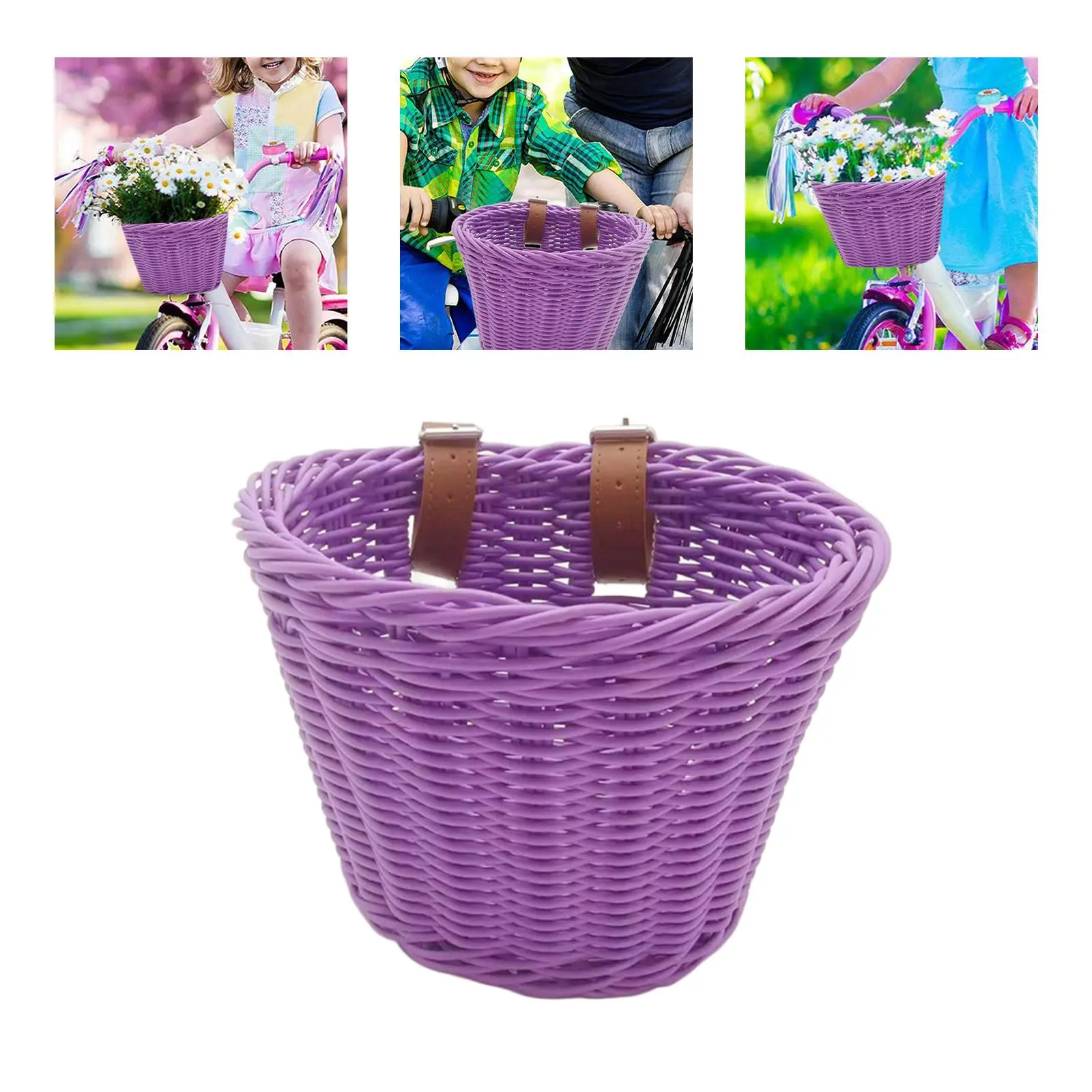 Wicker Kids Bike Basket with Leather Straps Pouch Waterproof Handlebar Basket for Bike Accessory Outdoor Toddlers