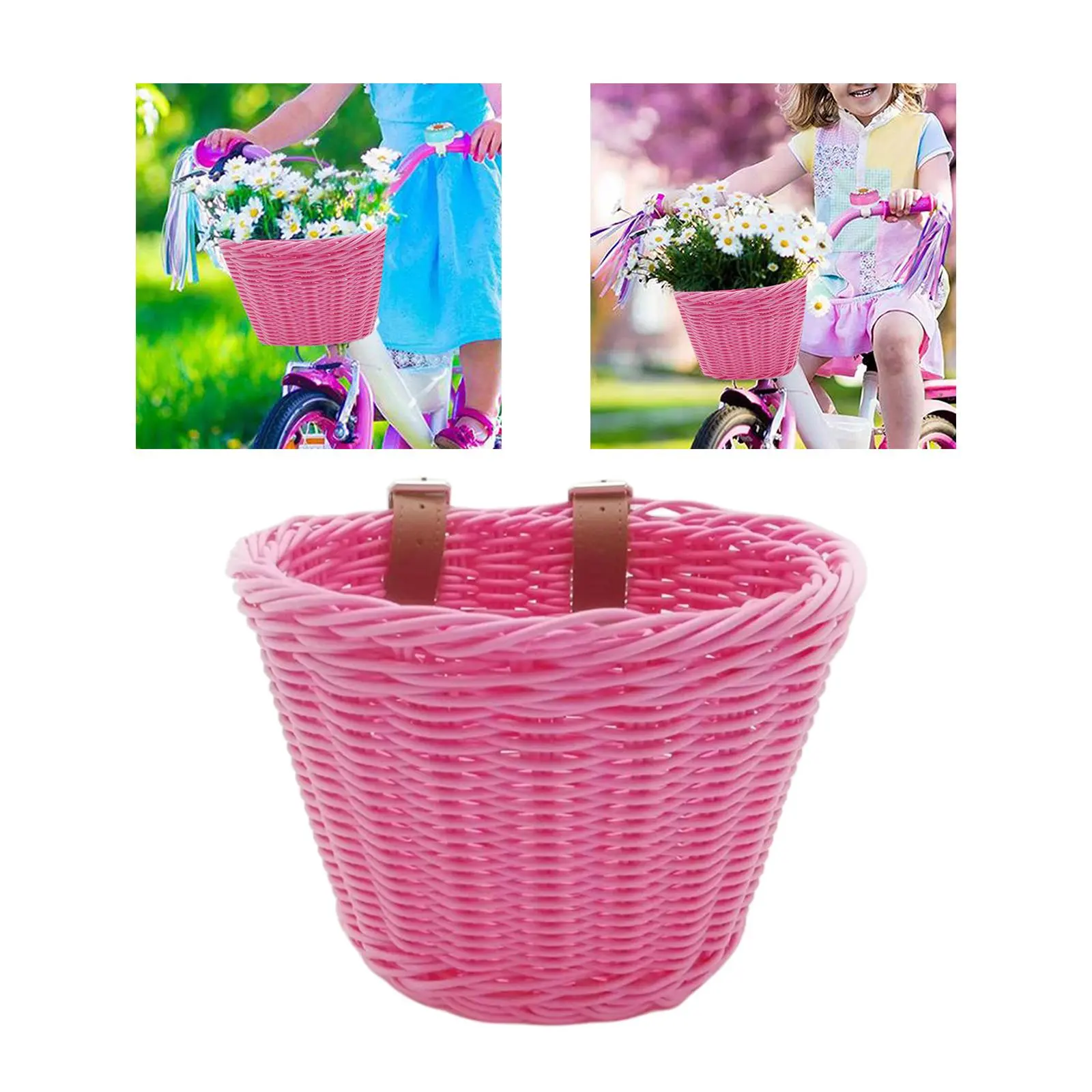 Wicker Kids Bike Basket with Leather Straps Pouch Waterproof Handlebar Basket for Bike Accessory Outdoor Toddlers