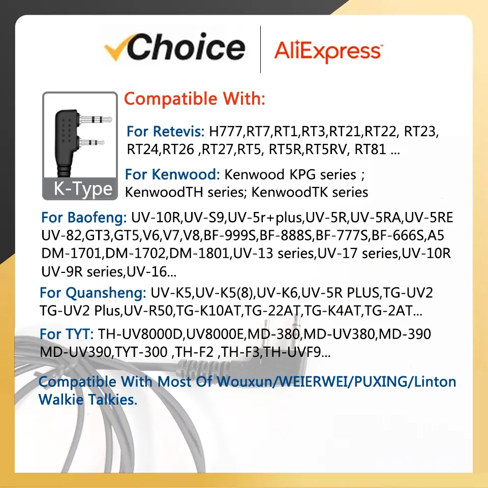 Throat Mic Earpiece UV-K5 Walkie Talkie Headset PTT Microphone For Kenwood Radios Baofeng DM-1701 UV-5R UV-13Pro Quansheng UV-K6
