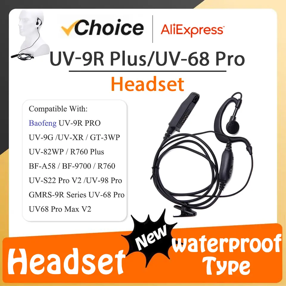 BAOFENG UV-9R Plus Walkie Talkie Headset UV68 Pro Max V2 Waterproof Earphone UV9R BF-A58 BF9700 Earpiece Mic Ham Radio Accessory
