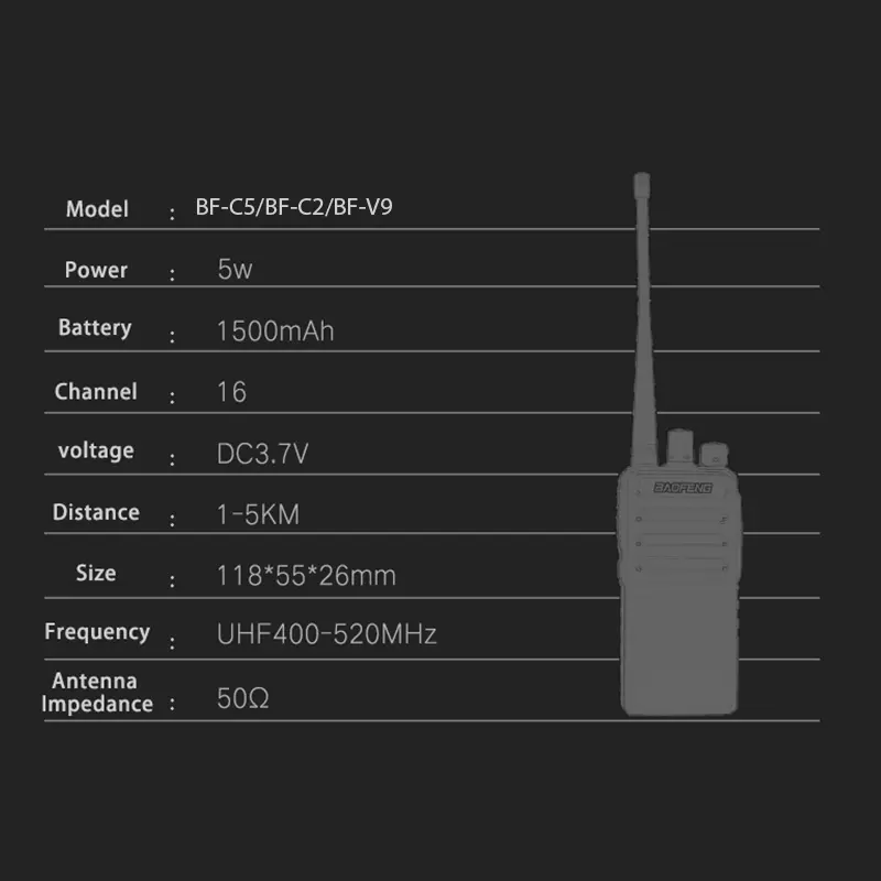 1/2/4Pcs Baofeng BF-C5 Walkie Talkie BF-V9 CB Two Way Ham Radios BF-C2 USB Type-C Charger 5W 1500mAh UHF 400-470MHz Upgrade 888S