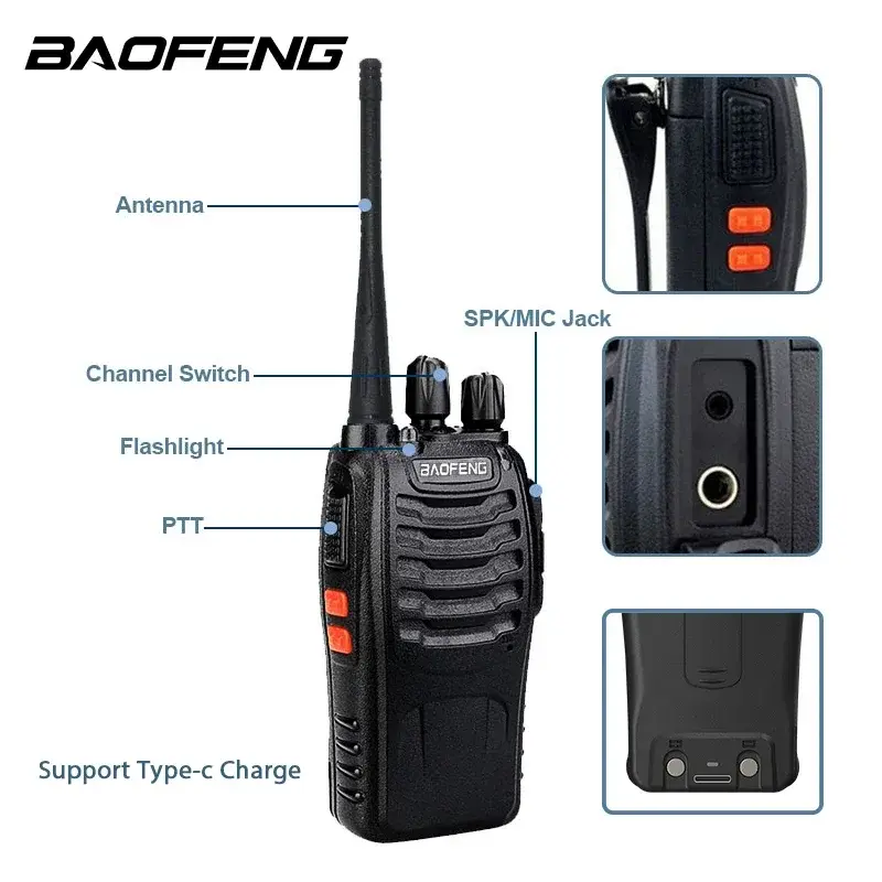 Baofeng BF-888S Walkie Talkie With 888S Six Way Charger EU/US/UK UHF Portable Amateur Long Range Mini Two Way Radios Type-C Jack