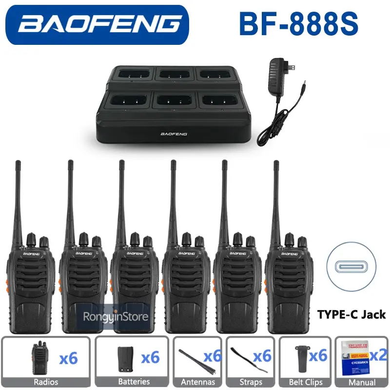 Baofeng BF-888S Walkie Talkie With 888S Six Way Charger EU/US/UK UHF Portable Amateur Long Range Mini Two Way Radios Type-C Jack